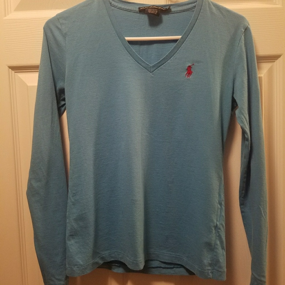 Ralph Lauren Women's Long Sleeve V-Neck Tee in Light Blue with Red Pony